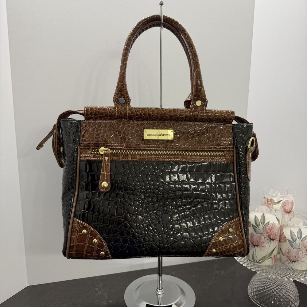 Samantha Brown Faux Croc Travel Tote Bag Black & Cognac Work Carryall
